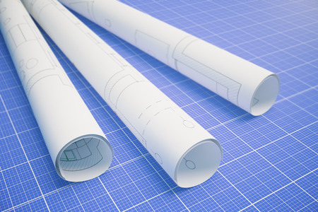 Paper rolls with architectural plan on blueprint pattern background. 3D Renderingの写真素材