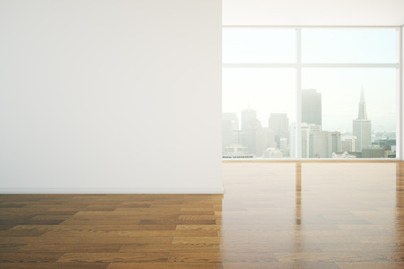 Interior design with blank wall, shiny wooden floor and city view. Mock up, 3D Renderingの写真素材
