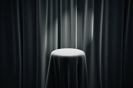 Black magician's table with limelight and curtains in the background. Mock up, 3D Rendering