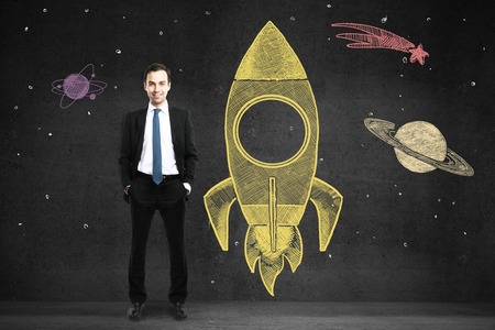 businessman standing nead drawing rocket, 3D Rendering