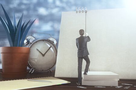 businessman climbing a rope on a notebook, 3D Renderingの写真素材