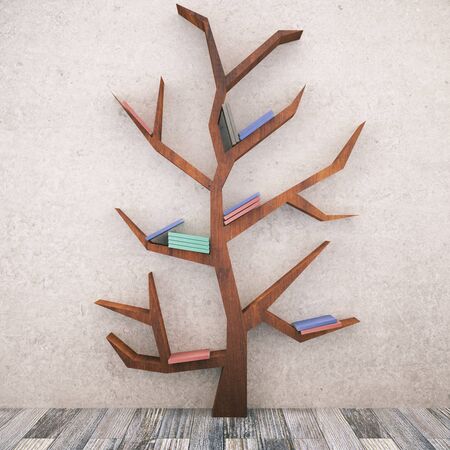 Abstract dark wooden tree with books in room with concrete wall and parquet floor. 3D Renderingの写真素材