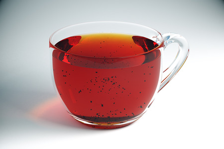 Transparent cup of tea on light desktop. Closeup, 3D Renderingの写真素材
