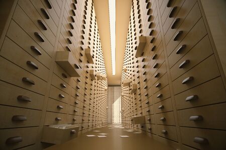 Retro archive interior with open drawers. 3D Rendering