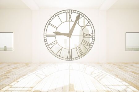 Empty interior design with concrete walls, wooden floor and huge clock shaped window with New York city view and sunlight. 3D Renderingの写真素材