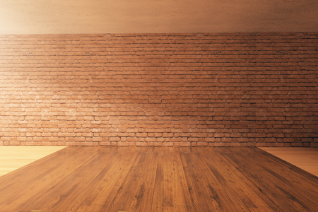 Empty interior design with wooden floor, red brick wall and concrete ceiling. Mock up, 3D Renderingの写真素材