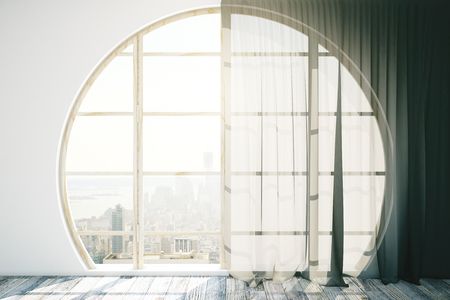 Creative interior design with round window, wooden floor and dark curtains. 3D Renderingの写真素材