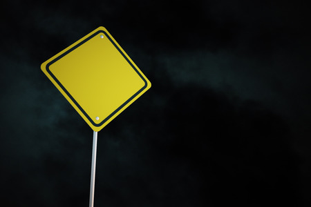 Blank yellow warning road sign on night sky background. Mock up, 3D Renderingの写真素材