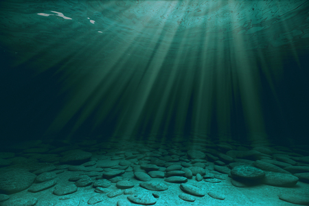 Stones and sunrays under water. 3D Renderingの写真素材