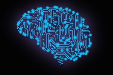 circuit board in form of human brain isolated on blackの写真素材