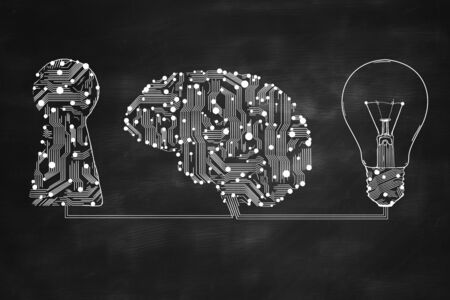 keyhole, lamp and circuit board in form of human brainの写真素材