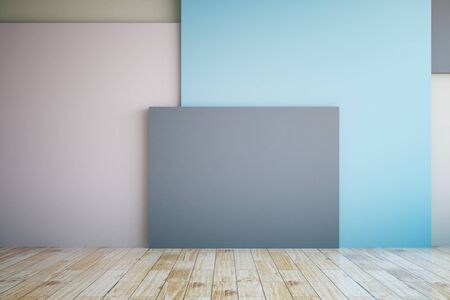 Empty interior with colorful wall, wooden floor and blank dark banner. Mock up, 3D Renderingの写真素材