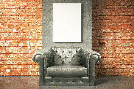 Luxurious black leather armchair and blank poster on red brick wall background. Mock up, 3D Renderingの写真素材