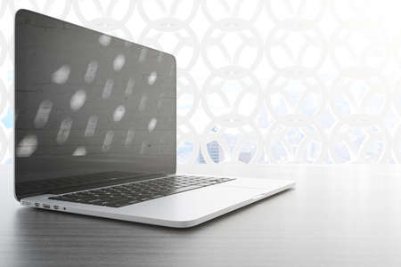 Closeup of laptop with blank screen on wooden planks. Mock up, 3D Rendering