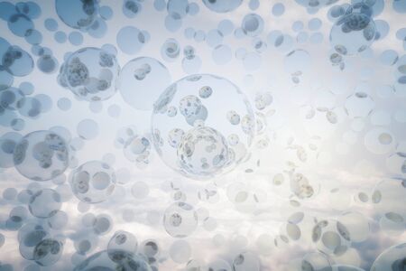 Abstract bubbles in sky with clouds. 3D Rendering