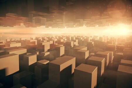 Abstract dark cubes with reflection at sunset. 3D Renderingの写真素材