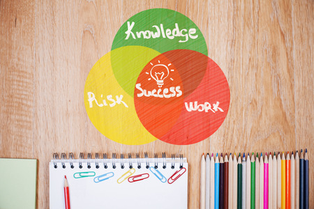 Recipe for success. Top view of wooden office desktop with stationery items and chart sketchの写真素材