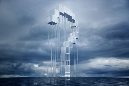 Abstract question mark construction on cloudy sky background. 3D Renderingの写真素材