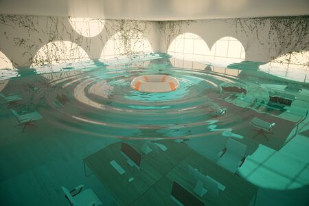 Lifebuoy in abstract flooded office interior. 3D Rendering