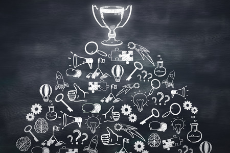 Leadership concept with winner's cup and business icons sketch on blackboard backgroundの写真素材