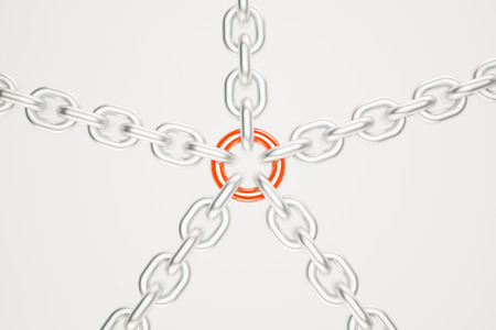 Silver chains with red link on light background. 3D Renderingの写真素材
