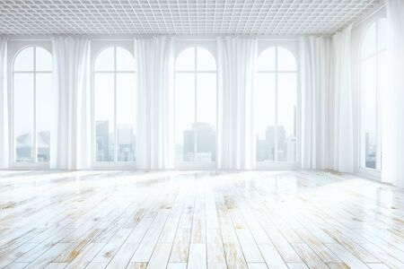 Front view of unfurnished bright interior with wooden floor, curtains and tall windows with city view. 3D Renderingの写真素材