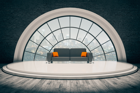 Black brick interior with sofa on stair podium and round window with city view. 3D Renderingの写真素材