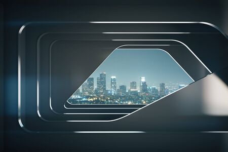 Abstract dark futuristic interior with night city view. 3D Rendering
