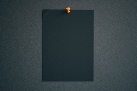 Black paper sheet with orange pin on dark background. Mock up, 3D Renderingの写真素材