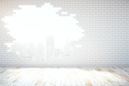 Abstract broken white brick wall with New York city view in room with wooden floor. 3D Renderingの写真素材