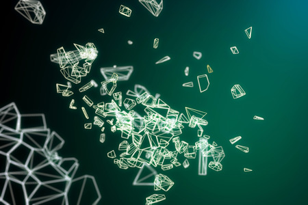 Abstract broken pattern pieces on dark green background. 3D Rendering