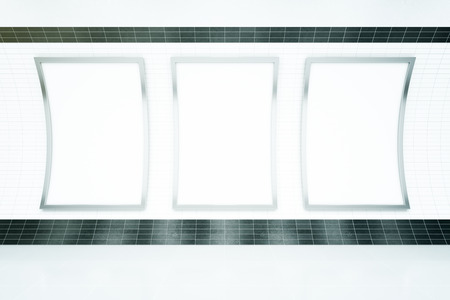 Front view of three empty ad posters in metro station with light tile walls. Mock up, 3D Rendering