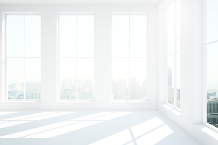 Minimalistic white interior with numerous windows, city view and sunlight. 3D Rendering