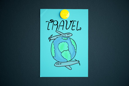 Blue paper with creative travel sketch on dark textured background. Vacation concept. 3D Renderingの写真素材