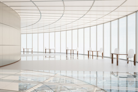 Transparent glass interior with table and chairs. Modern cafe interior. 3D Renderingの写真素材