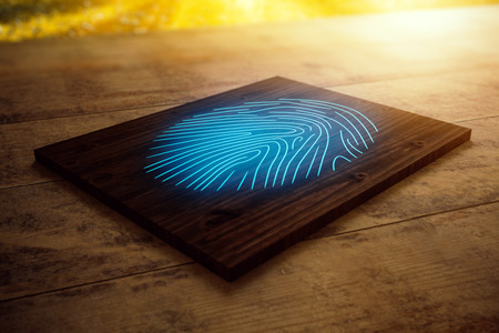 Close up of wooden board with blue fingerprint placed on desktop. Security concept. 3D Rendering
