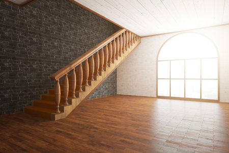 Side view of luxurious interior with wooden floor and staircase, black brick wall and window with bright daylight. 3D Renderingの写真素材