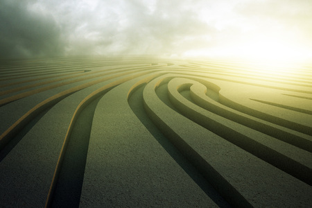 Abstract concrete fingerprint maze on cloudy sky background. Challenge concept. 3D Renderingの写真素材