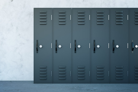 Close up of grey lockers in school corridor with concrete walls and floor. 3D Rendering