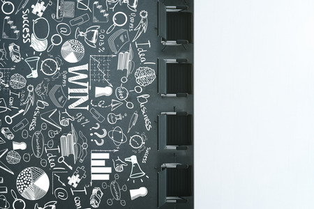 Top view of white table and chairs on dark floor with business sketch. Mock up, 3D Renderingの写真素材