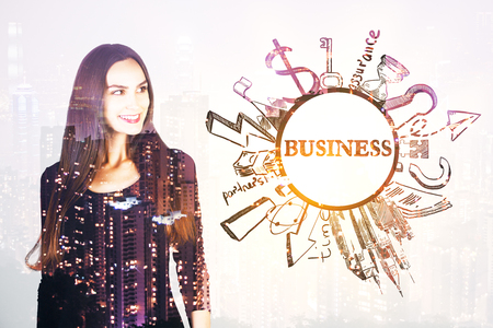 Grogeous smiling girl on abstract light background with round business sketch and night city view. Success concept. Double exposureの写真素材