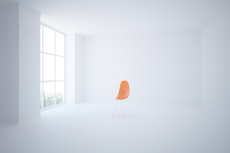 Modern chair in the middle of white concrete room with city view. 3D Renderingの写真素材