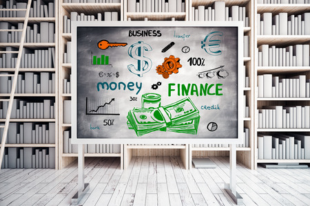 Library interior with bookshelves, stairs and blackboard with business sketch. Knowledge concept. 3D Renderingの写真素材