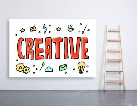 Concrete room with wooden ladder and creative sketch on whiteboard. Creativity concept. 3D Renderingの写真素材