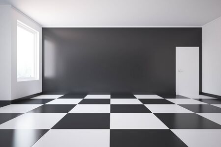 Grey room with chess patters on floor and daylight. 3D Renderingの写真素材