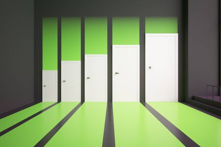 Front view of abstract green interior with different sized doors. Choice concept. 3D Renderingの写真素材