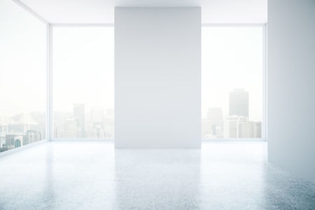 Bright interior with empty white wall, concrete floor and city view. Mock up, 3D Renderingの写真素材