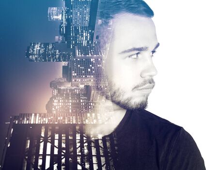 Portrait of businessman on city background. Double exposure.の写真素材