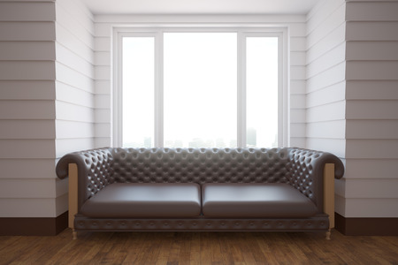 Luxurious brown leather sofa in white interior with wooden floor and window with city view. 3D Renderingの写真素材