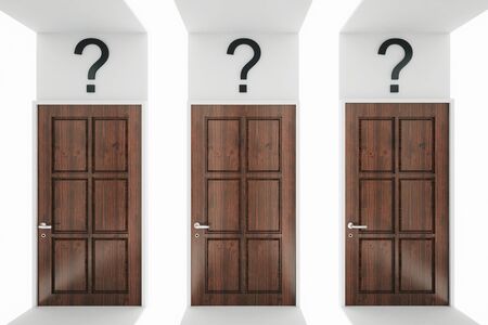 Abstract room with wooden doors and question marks. Decision concept. 3D Renderingの写真素材